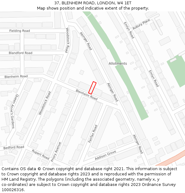 37, BLENHEIM ROAD, LONDON, W4 1ET: Location map and indicative extent of plot