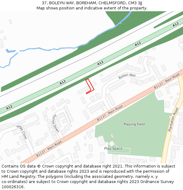 37, BOLEYN WAY, BOREHAM, CHELMSFORD, CM3 3JJ: Location map and indicative extent of plot