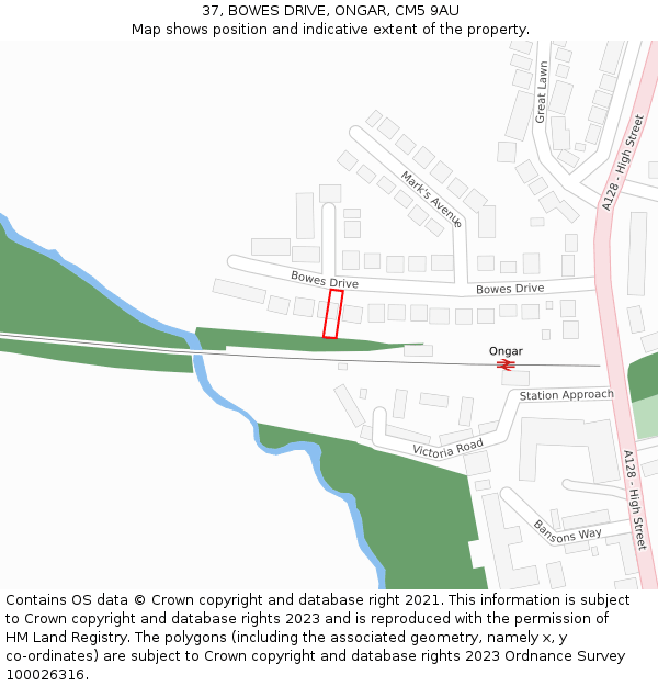 37, BOWES DRIVE, ONGAR, CM5 9AU: Location map and indicative extent of plot