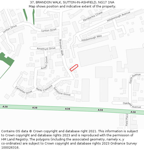 37, BRANDON WALK, SUTTON-IN-ASHFIELD, NG17 1NA: Location map and indicative extent of plot