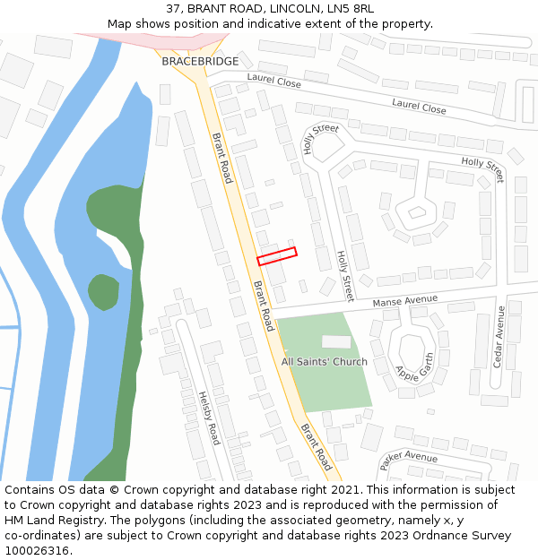 37, BRANT ROAD, LINCOLN, LN5 8RL: Location map and indicative extent of plot