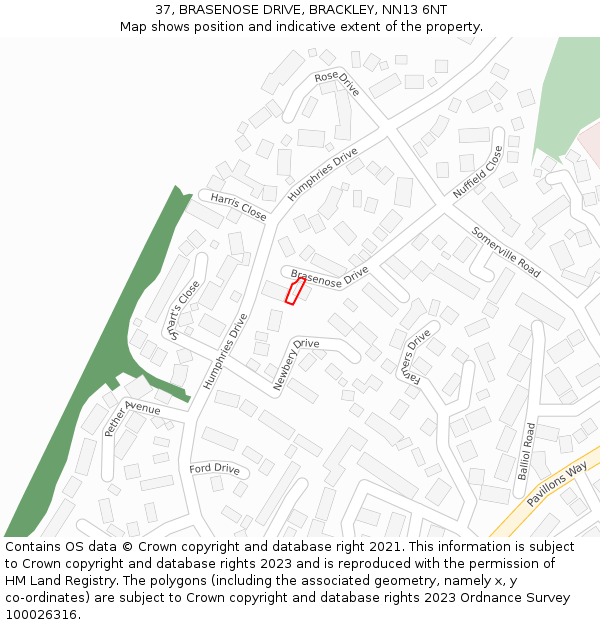 37, BRASENOSE DRIVE, BRACKLEY, NN13 6NT: Location map and indicative extent of plot