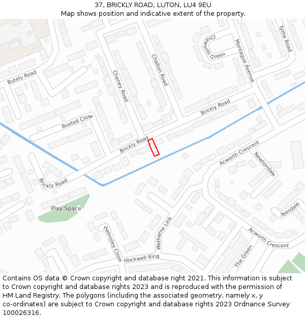 37, BRICKLY ROAD, LUTON, LU4 9EU: Location map and indicative extent of plot