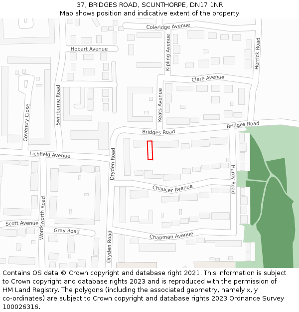 37, BRIDGES ROAD, SCUNTHORPE, DN17 1NR: Location map and indicative extent of plot