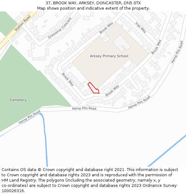 37, BROOK WAY, ARKSEY, DONCASTER, DN5 0TX: Location map and indicative extent of plot