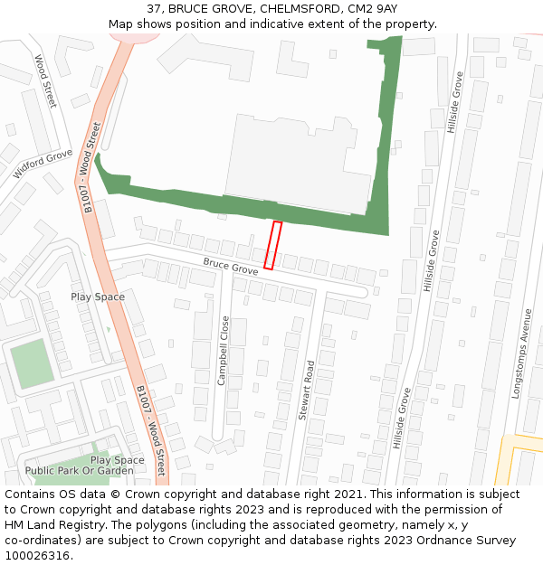 37, BRUCE GROVE, CHELMSFORD, CM2 9AY: Location map and indicative extent of plot
