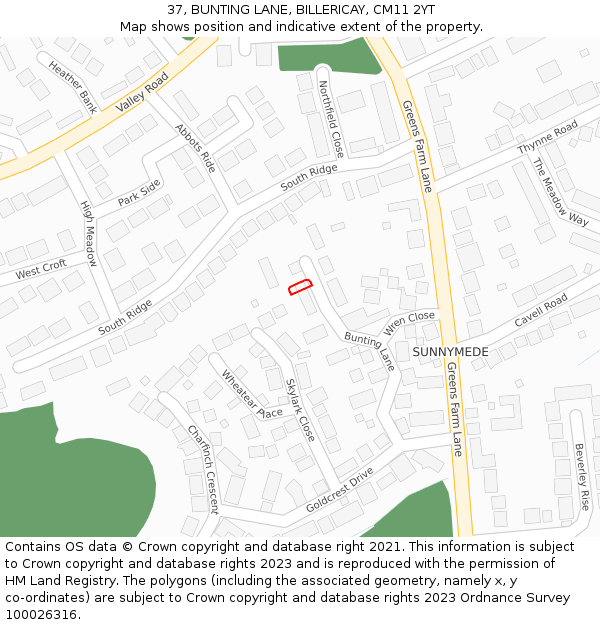 37, BUNTING LANE, BILLERICAY, CM11 2YT: Location map and indicative extent of plot