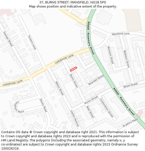 37, BURNS STREET, MANSFIELD, NG18 5PS: Location map and indicative extent of plot