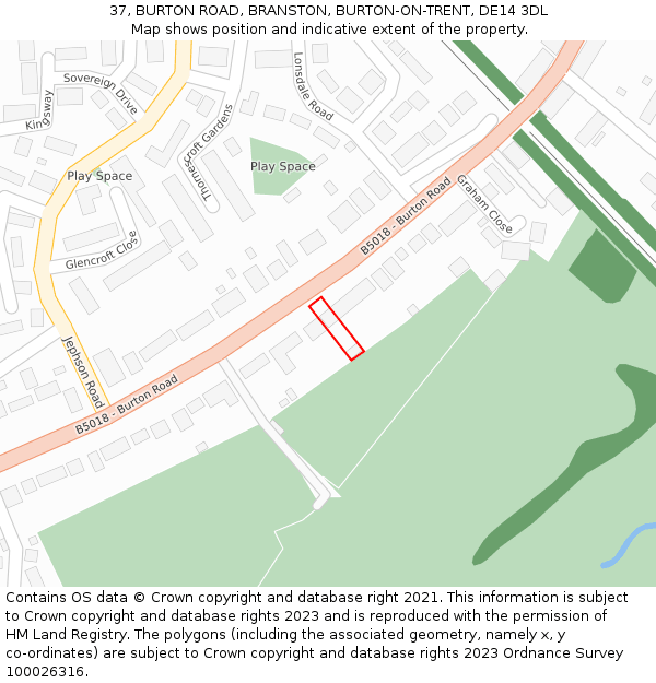 37, BURTON ROAD, BRANSTON, BURTON-ON-TRENT, DE14 3DL: Location map and indicative extent of plot