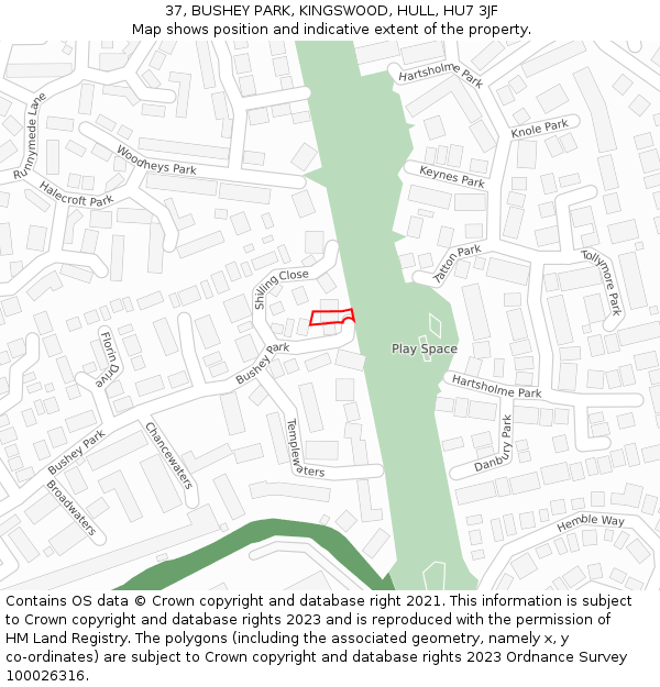 37, BUSHEY PARK, KINGSWOOD, HULL, HU7 3JF: Location map and indicative extent of plot