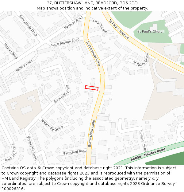 37, BUTTERSHAW LANE, BRADFORD, BD6 2DD: Location map and indicative extent of plot