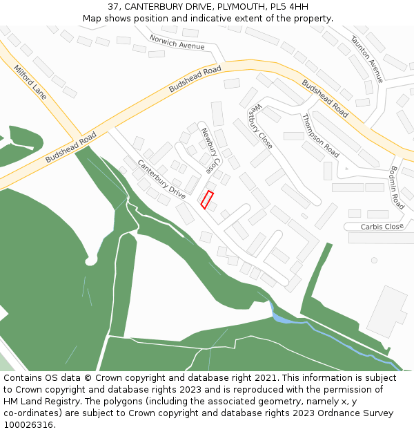 37, CANTERBURY DRIVE, PLYMOUTH, PL5 4HH: Location map and indicative extent of plot