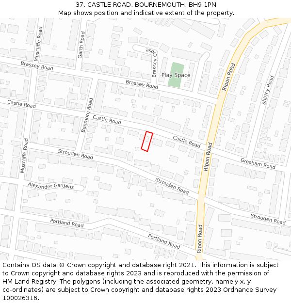 37, CASTLE ROAD, BOURNEMOUTH, BH9 1PN: Location map and indicative extent of plot
