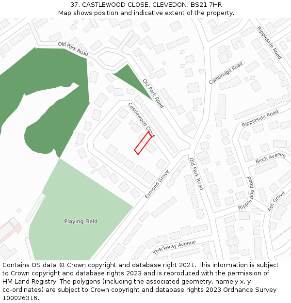 37, CASTLEWOOD CLOSE, CLEVEDON, BS21 7HR: Location map and indicative extent of plot