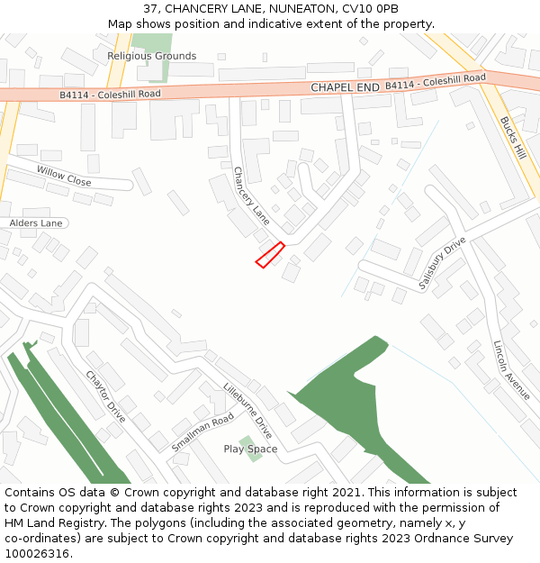 37, CHANCERY LANE, NUNEATON, CV10 0PB: Location map and indicative extent of plot