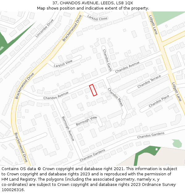 37, CHANDOS AVENUE, LEEDS, LS8 1QX: Location map and indicative extent of plot
