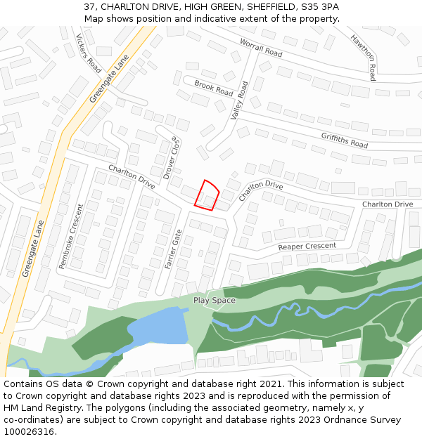 37, CHARLTON DRIVE, HIGH GREEN, SHEFFIELD, S35 3PA: Location map and indicative extent of plot