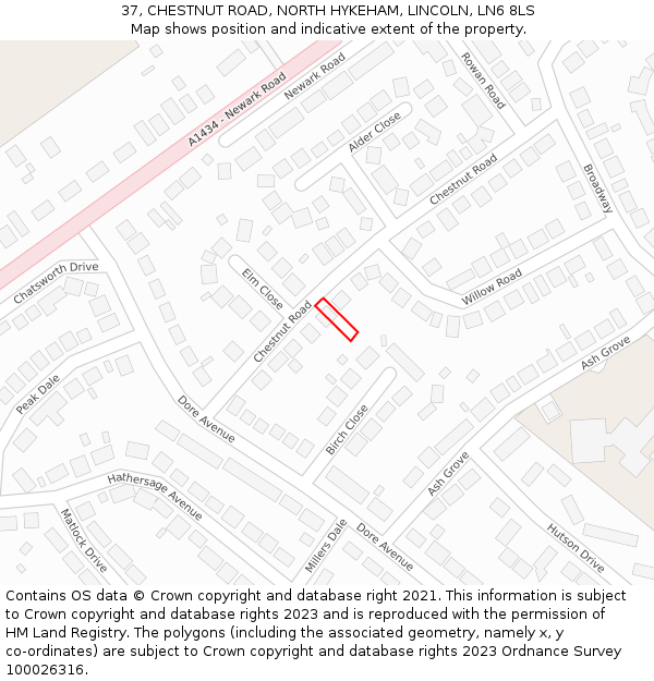 37, CHESTNUT ROAD, NORTH HYKEHAM, LINCOLN, LN6 8LS: Location map and indicative extent of plot