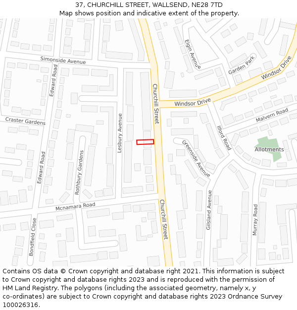37, CHURCHILL STREET, WALLSEND, NE28 7TD: Location map and indicative extent of plot