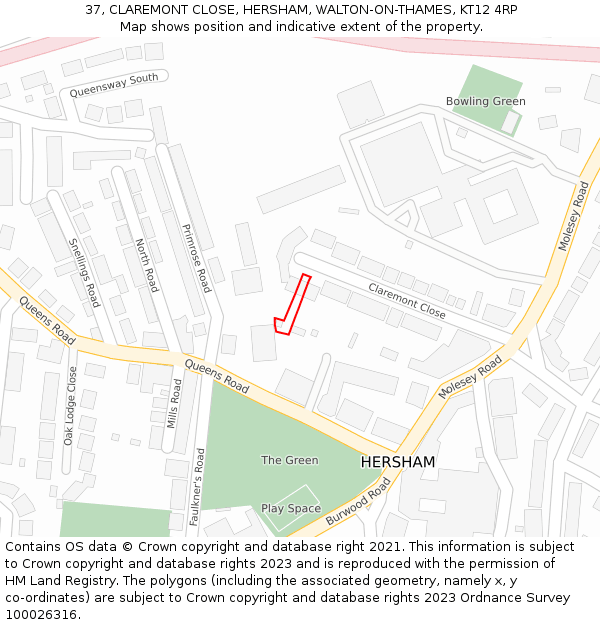 37, CLAREMONT CLOSE, HERSHAM, WALTON-ON-THAMES, KT12 4RP: Location map and indicative extent of plot