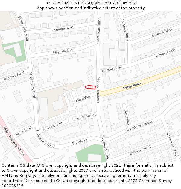 37, CLAREMOUNT ROAD, WALLASEY, CH45 6TZ: Location map and indicative extent of plot