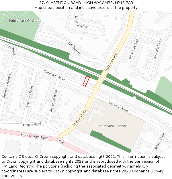 37, CLARENDON ROAD, HIGH WYCOMBE, HP13 7AR: Location map and indicative extent of plot
