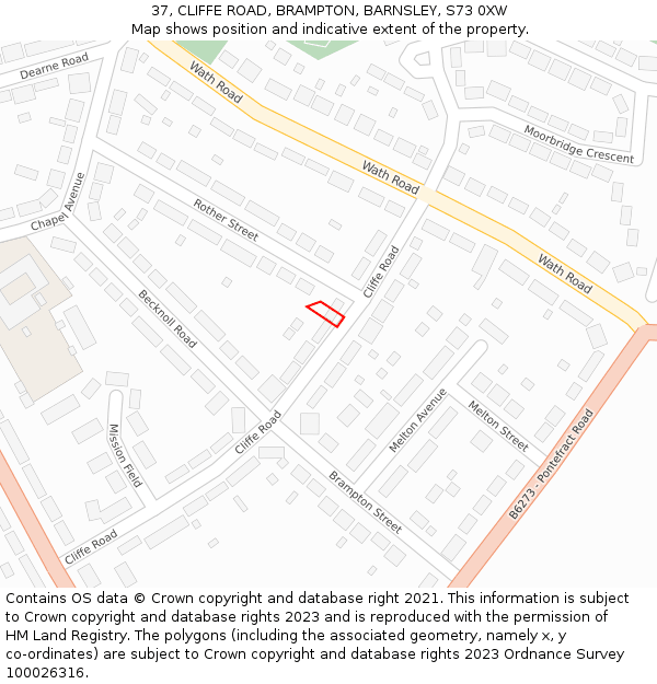 37, CLIFFE ROAD, BRAMPTON, BARNSLEY, S73 0XW: Location map and indicative extent of plot