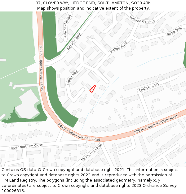 37, CLOVER WAY, HEDGE END, SOUTHAMPTON, SO30 4RN: Location map and indicative extent of plot