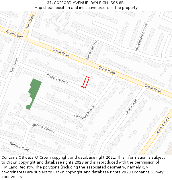 37, COPFORD AVENUE, RAYLEIGH, SS6 8RL: Location map and indicative extent of plot