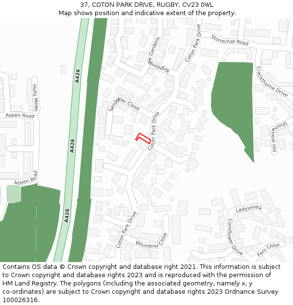 37, COTON PARK DRIVE, RUGBY, CV23 0WL: Location map and indicative extent of plot