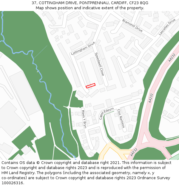 37, COTTINGHAM DRIVE, PONTPRENNAU, CARDIFF, CF23 8QG: Location map and indicative extent of plot