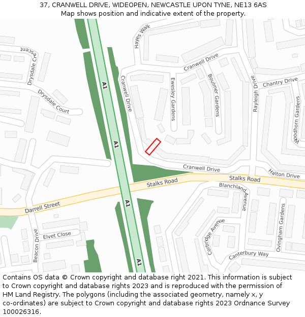 37, CRANWELL DRIVE, WIDEOPEN, NEWCASTLE UPON TYNE, NE13 6AS: Location map and indicative extent of plot