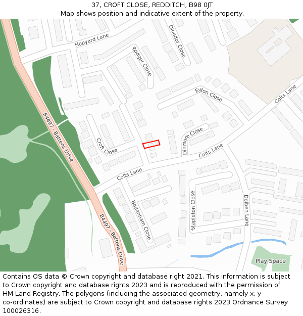 37, CROFT CLOSE, REDDITCH, B98 0JT: Location map and indicative extent of plot