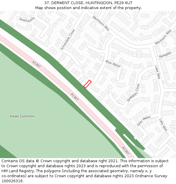 37, DERWENT CLOSE, HUNTINGDON, PE29 6UT: Location map and indicative extent of plot
