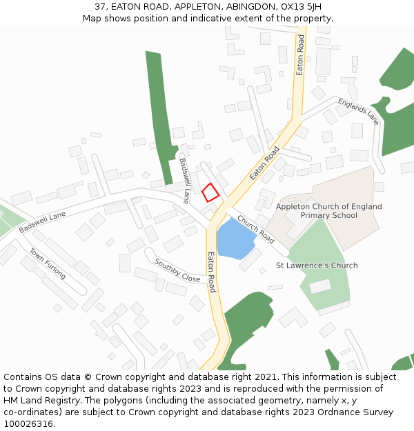 37, EATON ROAD, APPLETON, ABINGDON, OX13 5JH: Location map and indicative extent of plot