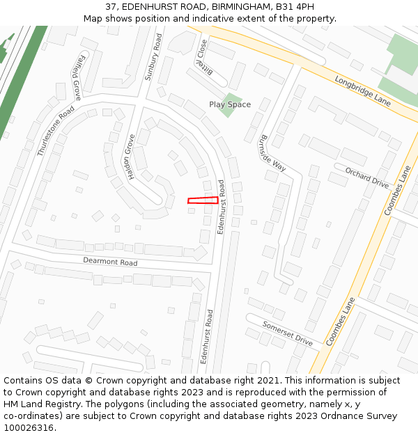 37, EDENHURST ROAD, BIRMINGHAM, B31 4PH: Location map and indicative extent of plot