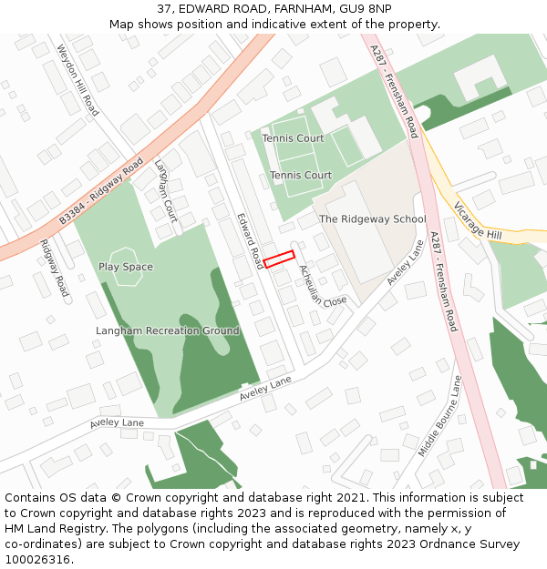 37, EDWARD ROAD, FARNHAM, GU9 8NP: Location map and indicative extent of plot