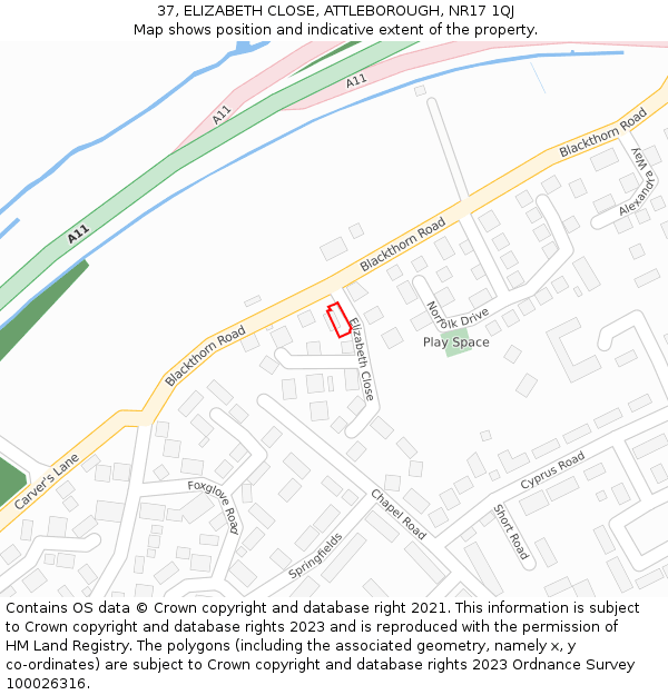 37, ELIZABETH CLOSE, ATTLEBOROUGH, NR17 1QJ: Location map and indicative extent of plot