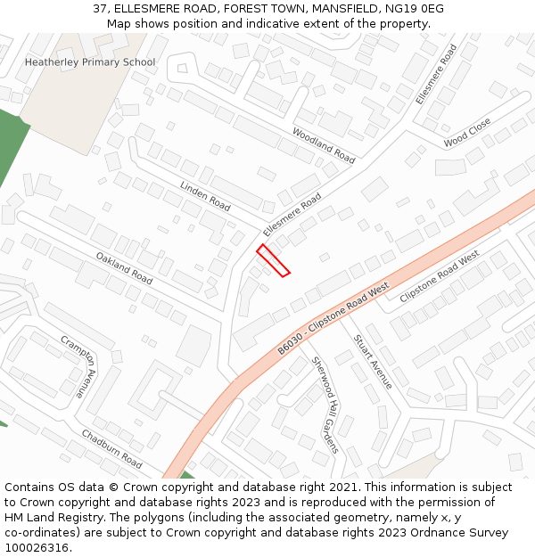 37, ELLESMERE ROAD, FOREST TOWN, MANSFIELD, NG19 0EG: Location map and indicative extent of plot