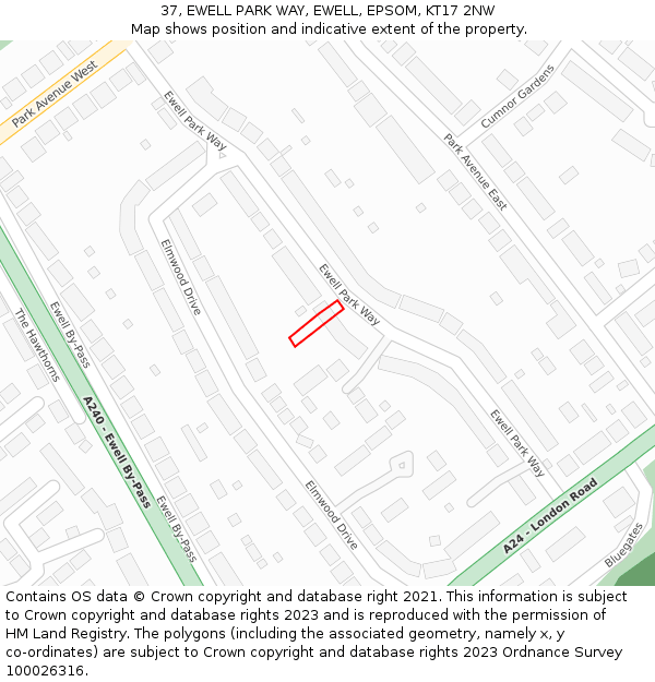 37, EWELL PARK WAY, EWELL, EPSOM, KT17 2NW: Location map and indicative extent of plot