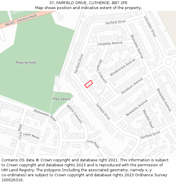 37, FAIRFIELD DRIVE, CLITHEROE, BB7 2PE: Location map and indicative extent of plot