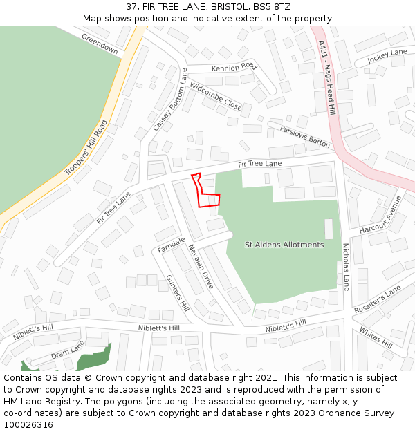 37, FIR TREE LANE, BRISTOL, BS5 8TZ: Location map and indicative extent of plot