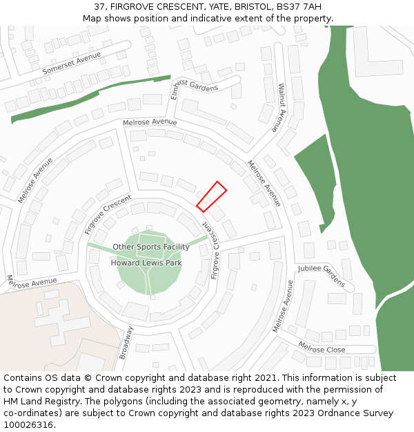 37, FIRGROVE CRESCENT, YATE, BRISTOL, BS37 7AH: Location map and indicative extent of plot