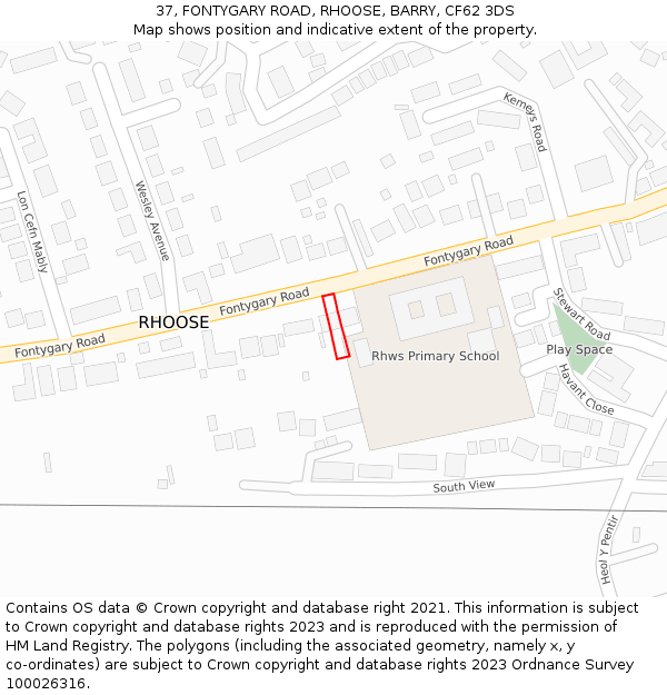 37, FONTYGARY ROAD, RHOOSE, BARRY, CF62 3DS: Location map and indicative extent of plot