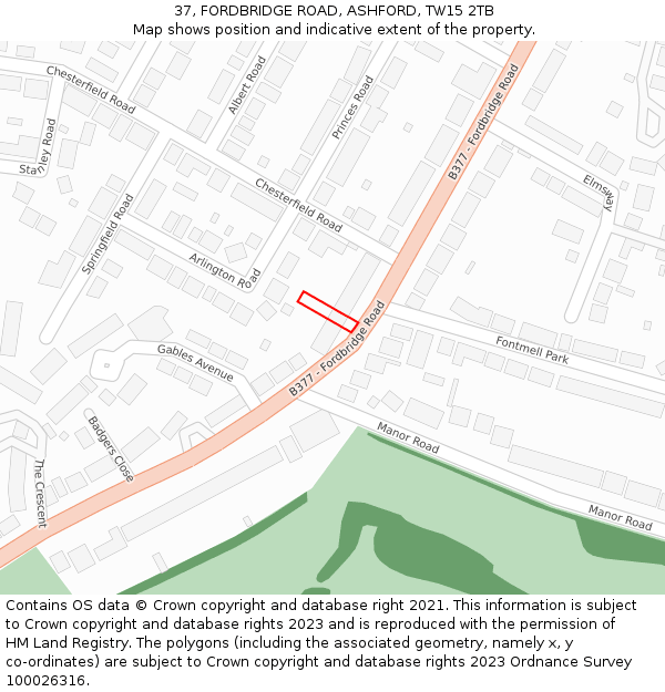 37, FORDBRIDGE ROAD, ASHFORD, TW15 2TB: Location map and indicative extent of plot