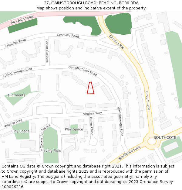 37, GAINSBOROUGH ROAD, READING, RG30 3DA: Location map and indicative extent of plot