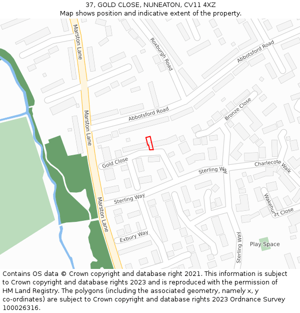 37, GOLD CLOSE, NUNEATON, CV11 4XZ: Location map and indicative extent of plot