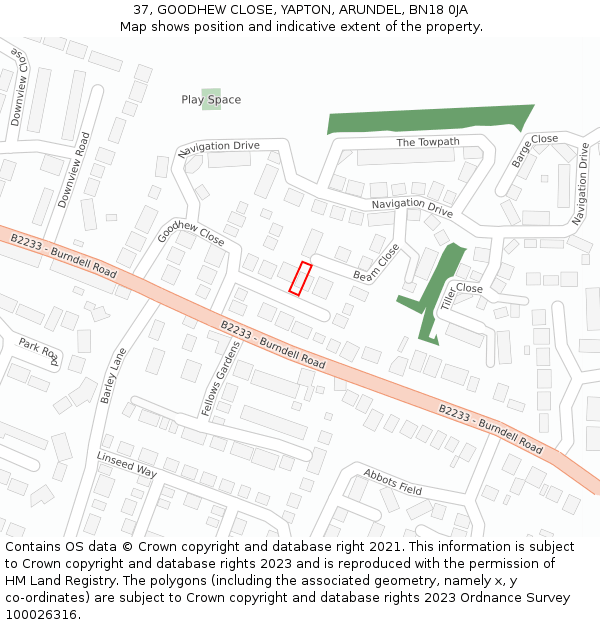 37, GOODHEW CLOSE, YAPTON, ARUNDEL, BN18 0JA: Location map and indicative extent of plot
