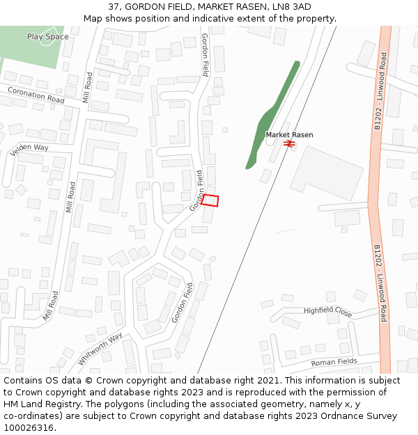 37, GORDON FIELD, MARKET RASEN, LN8 3AD: Location map and indicative extent of plot