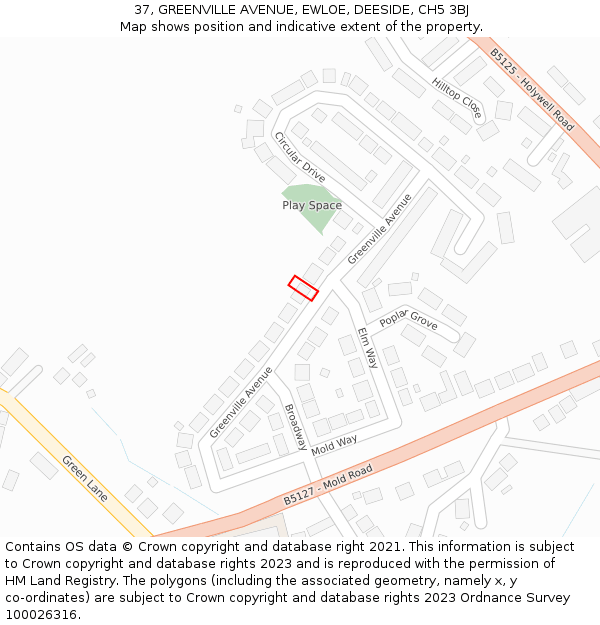 37, GREENVILLE AVENUE, EWLOE, DEESIDE, CH5 3BJ: Location map and indicative extent of plot